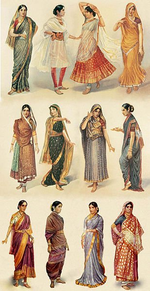 A 1928 illustration showing the variety of saree draping styles that were prevalent at the time. 