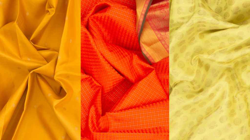 This is the yellowx color collections of kanchipuram silk sarees 
