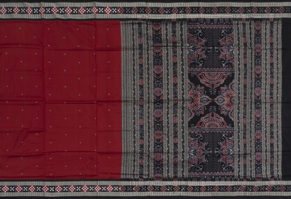 A handwoven Odisha silk saree with an ikat pallu; the black, white and red palette is a signature of the region, along with the Bichitrapuri motifs on the border.