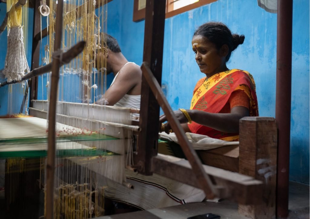 Two weavers have to work gether to create a kanchipuram korvai silk saree